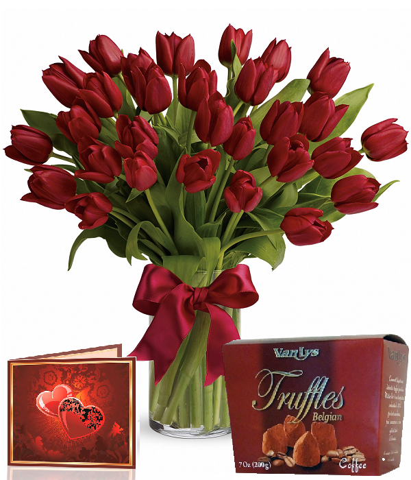 30 Red Tulips, Truffles & Card 